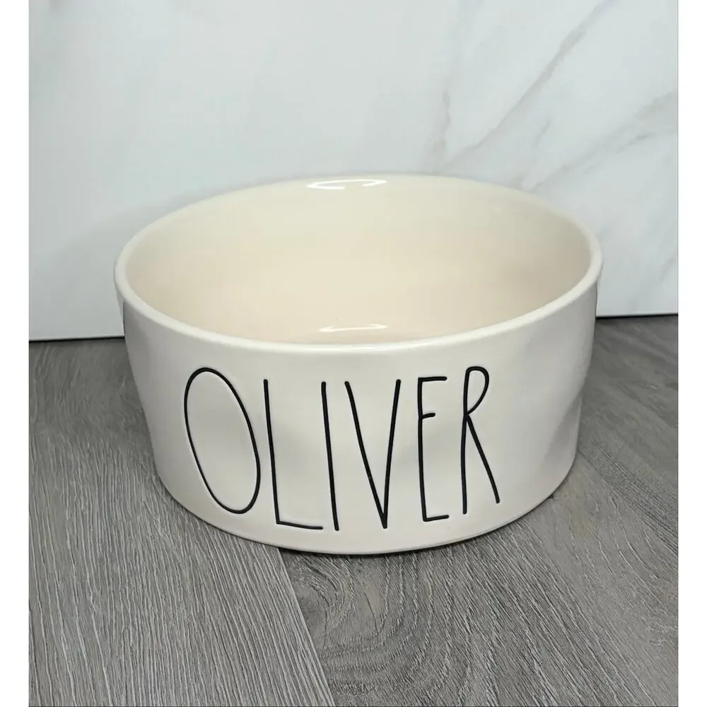 Rae Dunn OLIVER Large Ceramic Dog Pet Bowl 8